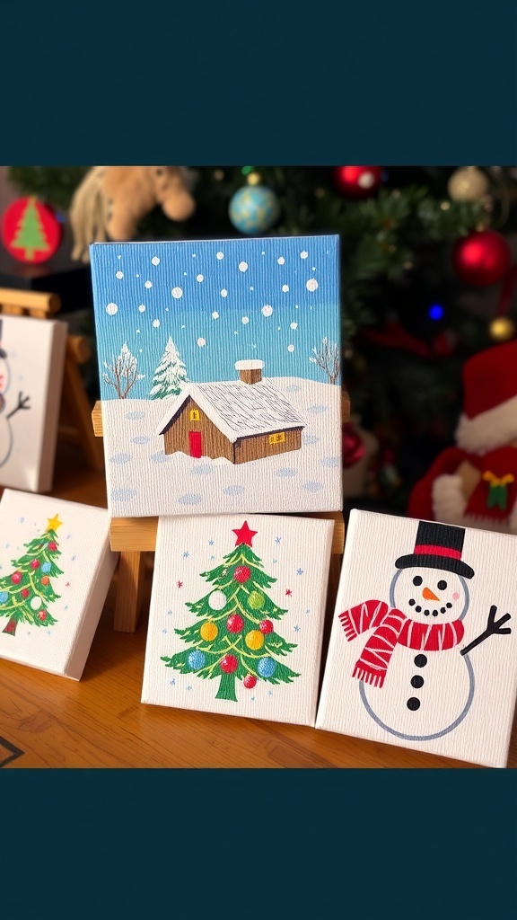 Small canvas paintings of Christmas scenes including a snowy landscape, a decorated tree, and a snowman.